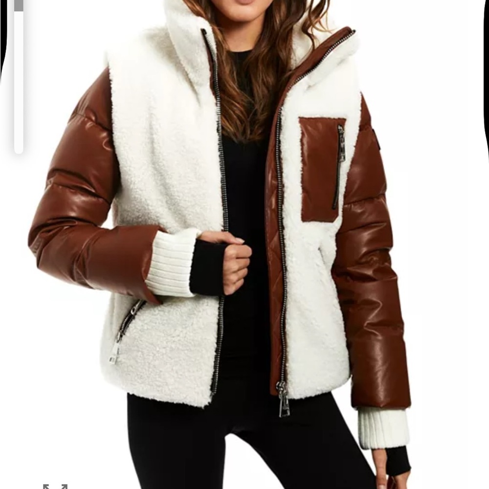 SAM. Cream Sherpa Jacket with Brown Leather Sleeves